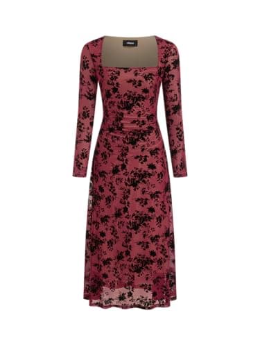 CIDER Women's Midi Dress Floral Flocking Mesh Long Sleeve Square Neck tie Back Party Evening Dress Wine