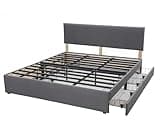 Panana 72"x80" Size Upholstered Platform Bed Frame with 4 Storage Drawers and Fabric Grey Headboard, Mattress Foundation with Metal Slats, Strong Support, No Box Spring Needed