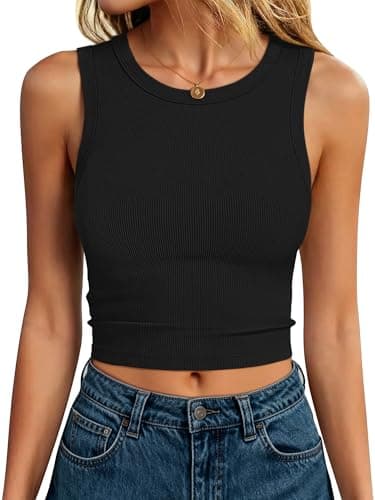 ANRABESS Womens Crop Tank Tops High Neck Sleeveless Ribbed Knit Slim Fit Shirts 2026 Summer Casual Basic Workout Clothes Black Small