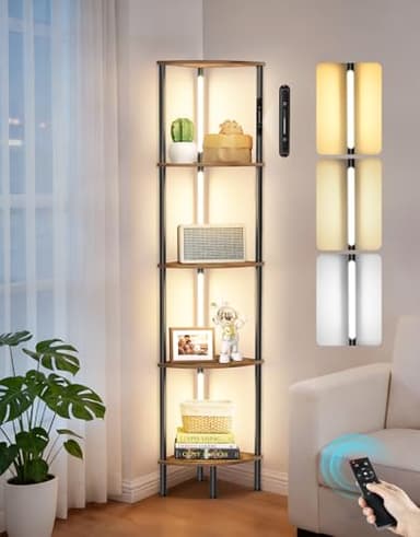 OUTONLIFE 5-Tier Corner Shelf with LED Lights, Touch & Remote Control, 360° Rotatable Light Poles, 3 Color Temperatures, Dimmable Narrow Bookshelf for Living Room, Bedroom, Office (Rustic Brown)