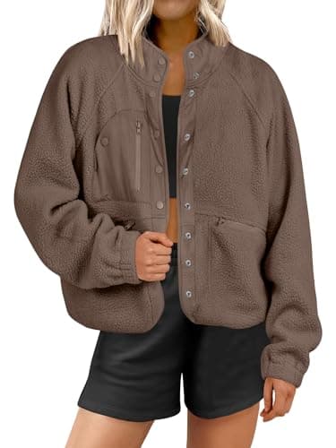 ANRABESS Womens Fuzzy Fleece Jacket Fall Casual Long Sleeve Cropped Sherpa Button Down Shacket Coats Outwear With Pockets Coffee Large