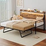 MU Twin Daybed with Pop Up Trundle, Metal Day Bed with Charging Station, LED Lights and Storage Headboard, Twin to King Sofa Bed for Living Room, Bedroom and Guest Room, Rustic Brown