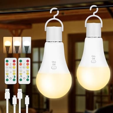 2 Pack Rechargeable Battery Operated Light Bulbs with Remote, Keep Lighting During Power Outage, 2600mAh A19 Emergency wireless light bulbs, battery light bulb with 3 Colors, Dimmable, Timer for Home