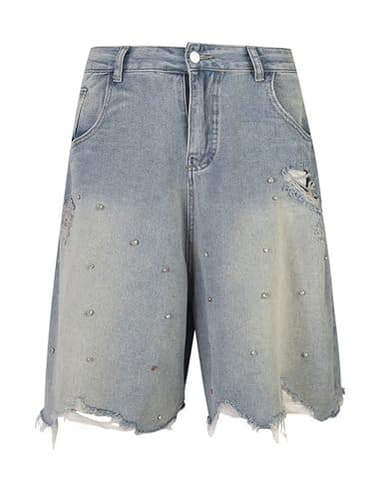 FCOOLYEET Men Jean Shorts Y2k Rhinestone Denim Bermuda Shorts Long Baggy Jorts Streetwear Women