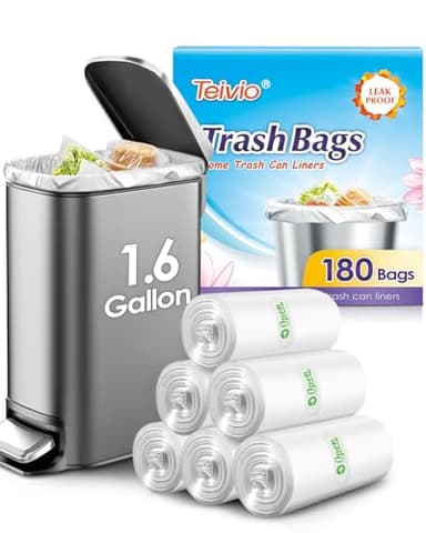 Teivio 1.6 Gallon 180 Counts fit 5-6 liter 1.5 gallon Small Trash Bags Garbage Bags, Bathroom Trash Can Bin Liners, Small Plastic Bags for home office kitchen, Clear