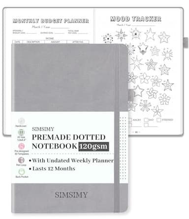 SIMSIMY Dotted Journal Notebook with Premade Bullet Templates, Pre-made Dot Grid Journaling with Undated Weekly & Monthly Planner, Various Trackers - 12 Month Organization, A5 Hardcover