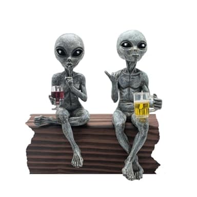 John Bernard & Company Alien Invasion 'Party Alien' Wine Drinking Female and Beer Drinking Male Ledge Lounger 10 Inch H Funny Home or Garden Statue Set (Grey)