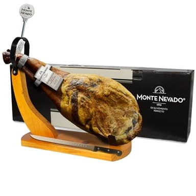 Monte Nevado Jamon Iberico (Shoulder) - Grain Fed - Ham Stand and Knife Included - Min. Weight 10.5 lb, 24 Months Avg. Curing Time - 50% Iberico Ham Spain Cebo - Great Family and Friends Gift
