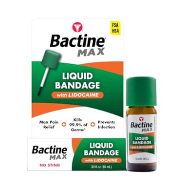 Bactine MAX Liquid Bandage with Lidocaine, Wound Cleaning Solution That Kills 99% of Germs, Covers and Protects Skin, Fast-Drying Protective Seal, 0.30 fl oz
