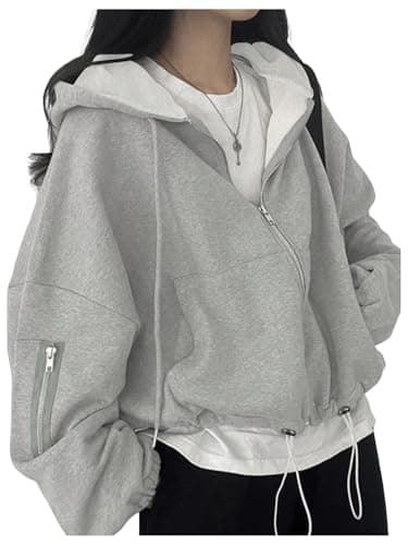 GORGLITTER Women's Oversized Zip Up Hoodie Baggy Long Sleeve Cute Comfrt Fall Travel Hoodie with Hidden Pockets 2025 Light Grey Small