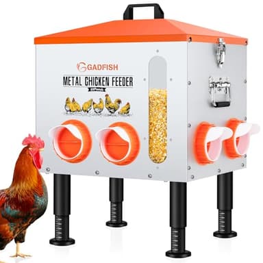 GADFISH 55LBS Large Capacity Automatic Chicken Feeder - Upgraded Window Design Allows Viewing of Feed Conditions, 8 Feeding Ports, Anti-Waste Design, Height-Adjustable Legs & Secure