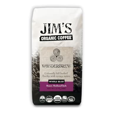 Jim’s Organic Coffee – Wonderbrew Blend – Medium/Dark Roast, Whole Bean, 12 oz Bag - Certified Organic, Regeneratively Grown, Ethically Traded, Shade Grown Coffee