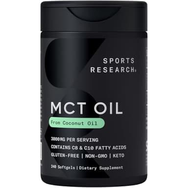 Sports Research® Coconut MCT Oil 3000mg - Keto Brain & Body Fuel - C8 + C10 MCT Oil from Coconut · Keto · Non-GMO - Gluten Free - 240 Softgels