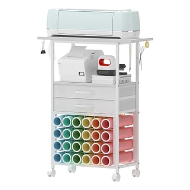 VENNQD Organizer and Storage Stand Compatible with Cricut Machines,Rolling Storage Cart/Shelf with 24 Vinyl Roll Holders，2 Fabric Drawer,Accessories Holder,Tool Hook for Craft Room Home (white)