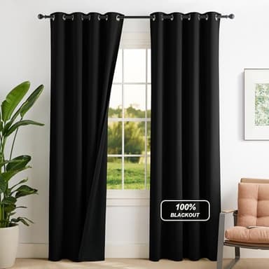 NICETOWN 100% Blackout Curtains for Bedroom, Room Darkening Plylux Black Curtains 84 Inch Long Thermal Insulated Grommet Window Drapes for Living Room, 52" W x 84" L, 2 Panels
