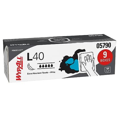 WypAll PowerClean L40 Cloths Extra Absorbent Wipes (05790), Pop-Up Box, Bulk Paper Wipers, White (9 Packs of 100 Sheets, 900 Sheet Total)