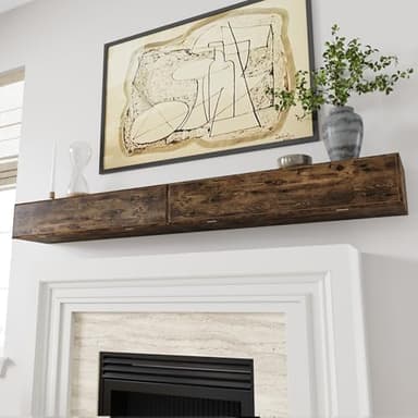 FINOSEN 72inch Fireplace Mantel Shelf with Hidden Storage – MDF Wood Wall-Mounted Shelf, Farmhouse Floating Mantel for Fireplace or Living Room, DIY Assembly Required,Brown (72Lx8Dx7H)