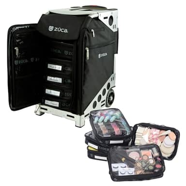 ZUCA Pro Makeup Artist Case - Professional Makeup Case with 5 Vinyl Utility Pouches, Travel Cover 41" Telescoping Handle Rolling Wheels & Sturdy Aluminum Frame for Artists and Creatives Black/Silver
