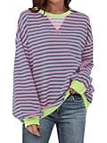 ANRABESS Women Striped Oversized Sweatshirt Long Sleeve Crewneck Shirts 2025 Fall Fashion Pullover Sweater Trendy Clothes Pink Green Small
