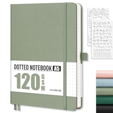 AHGXG Dotted Journal - Dot Grid Notebook Journal, 120 GSM Thick Acid-Free Paper, A5 Dotted Notebook 160 Pages, Leather Hardcover, Inner Pocket, Journal Stencil, 5.7'' × 8.3'', Sage Green