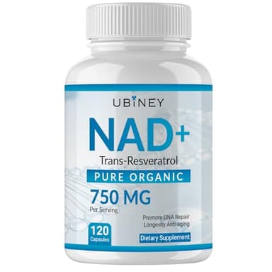 Ubiney NAD+ 750mg with Trans-Resveratrol – Pure Organic Nicotinamide Adenine Dinucleotide Supplement – DNA Repair, Cellular Energy, Anti-Aging Support – 120 Vegan Capsules, Non-GMO, Gluten-Free