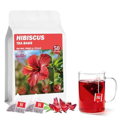 50 Bags Premium Natural Hibiscus Tea, 100% Pure Organic Hibiscus Flowers Herbal Tea, Caffeine-Free, Rich in Natural Goodness and Flavor, No Sugar, Gluten-Free, Vegan