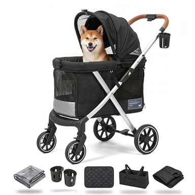 JWX Premium Pet Stroller for Large Dogs, One-Hand Fold Travel System, 77 lbs Capacity, All-Season Comfort Liner, Aluminum Frame, Front & Rear Entry, Smooth Ride Suspension