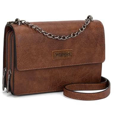 Wrangler Flap CrossBody Bag for Women Small Clutch Wallet Purse Trendy Shoulder Bag with Chain Strap Brown Gift WG149-236DBR