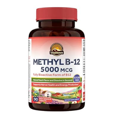 Vitalitown Vitamin B12 (Methyl B12) 5000 mcg, Fully Bioactive Form, Support Energy Production, Natural Peach Flavor, Zero Sugar, 90 Fast Dissolve Tablets