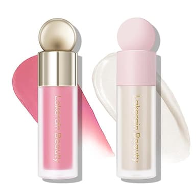 KYDA 2 Colors Liquid Blush Highlighter Set, Matte Blush and Natural Glow Liquid Illuminator, Buildable Glowing Cheek Makeup, Lightweight Blendable, Cool Pink + Champagne