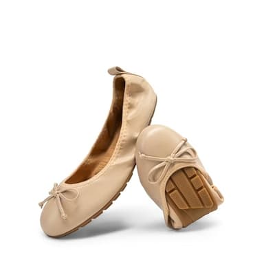 DREAM PAIRS Women's Flats, Foldable Ballet Flats for Women, Bowknot Round Toe Comfort Light Weight Slip-On Dress Shoes Nude Size 8.5 SDFA2409W