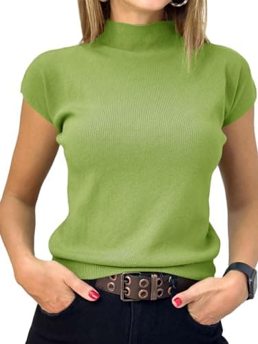 Saodimallsu Womens Short Sleeve Sweater Mock Neck Summer Casual Basic Knit Slim Fitted Pullover Tops Shirt Green