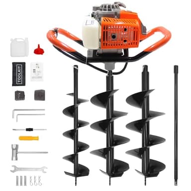72CC Auger Post Hole Digger, 2 Stroke Gas Powered Earth Post Hole Digger with 2 Auger Drill Bits(6" & 8") + 1 Extension Rods for Farm Garden Plant, Orange (72CC)