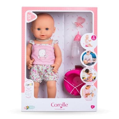 Corolle Drink and Wet Bath Baby Emma - 14” Girl Baby Doll with 3 Accessories - Bottle, Potty, and Pacifier - Really Drinks and Goes Potty, for Kids Ages 2 Years and up