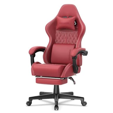 Ferghana Vintage PU Leather Gaming Chair, Ergonomic Gamer Chair with Massage, High Back Computer Office Chair with Footrest for Adults, Racing Style Reclining Video Game Chair (Red)