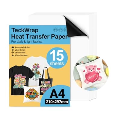 TECKWRAP Printable Heat Transfer Paper for T-Shirts 15 Sheets, 8.3" X 11.7" Printable Heat Transfer Vinyl for Inkjet Printer, Iron on Transfer Paper for Light and Dark Fabric (Matte White)