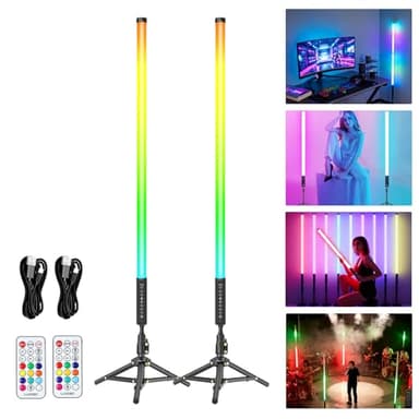 LUXCEO 2Pack 90cm RGB Tube Light Bar (3Ft) with Light Stand, 2.4G Remote Control, 5000 mAh Battery Powered LED Video Light Wand Stick for DJ Lighting, Dance Club and Photography Lighting