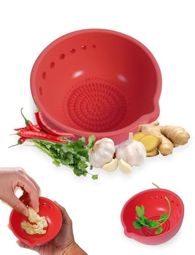 YIYIBB Herb Stripper & Garlic Grater, 2-In-1 7-Hole Design Herb Stripper Bowl, Built-in Garlic Grater Plate for Kale, Chard, Collard Greens, Thyme, Basil, Rosemar (Red)