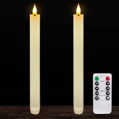 Homemory 2 Pcs Real Wax Made Flameless Taper Candles with Remote and Timer, 9.6" Ivory Battery Operated Candle Stick Flickering, Led Taper Candles with Lifelike Flame for Indoor Home Decor