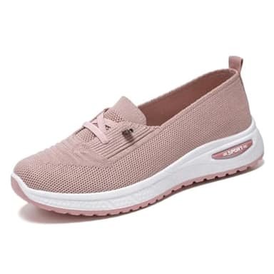 Slip On Orthopedic Sneakers Women Breathable Mesh Knitted Woven Low Top Walking Shoes Lightweight Wide Width Soft Sole Arch Support Non-Slip Shoes (Pink,9)
