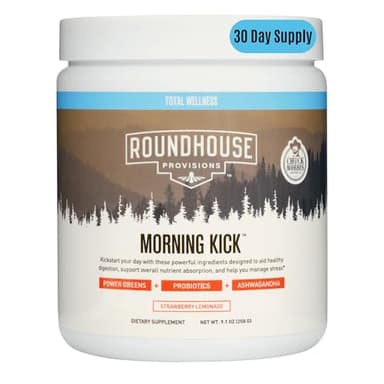 ROUNDHOUSE PROVISION Morning Kick, Zero Sugar Greens Superfood Powder Supplement with Ashwagandha, Collagen, Probiotics, Debloat Drink, 30 Servings (Strawberry Lemonade) by Chuck Norris