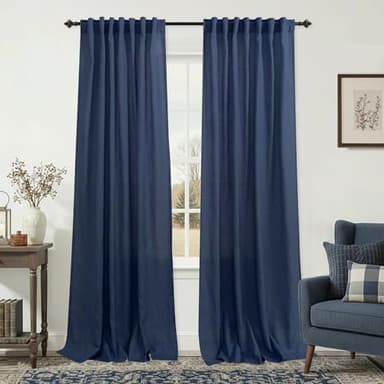 KOUFALL Navy Blue Linen Curtains 84 Inch Length, Dark Blue Sheer Curtains for Living Room Bedroom, Midnight
