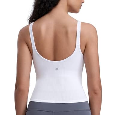 CRZ YOGA Seamless Womens U Neck Longline Sports Bra - Thin Strap Padded Workout Crop Tank Ribbed Open Back Yoga Camisole Top White Small