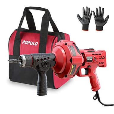 POPULO 120V Auto Feed Drain Auger,23 FT Drain Snake Suitable For 3/4"-2" Pipes For Unclogging Sinks,Shower Floor Drain and Outdoor Drain Pipe.Plumbers Snake Cleaner Include Glove,Cloth Bag