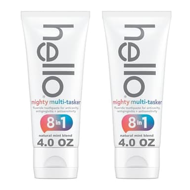 hello 8 in 1 Mighty Multi-Tasker Fluoride Toothpaste Pack, SLS Free Toothpaste with Fluoride, Antigingivitis and Antisensitivity, Strengthens Enamel and Whitens, Natural Mint Blend, 2 Ct, 4.0 Oz Tubes
