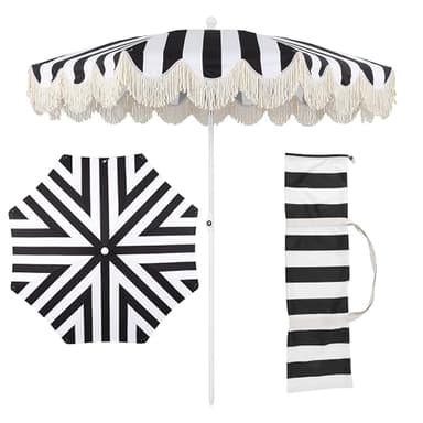 JONATHAN Y Mariner 6.5 ft. Beach Umbrella, Black/White Striped with Fringe, Push-Button Tilt, UPF 50+ Sun Protection and Carrying Bag for Patio and Pool, White Pole UMB1003Q