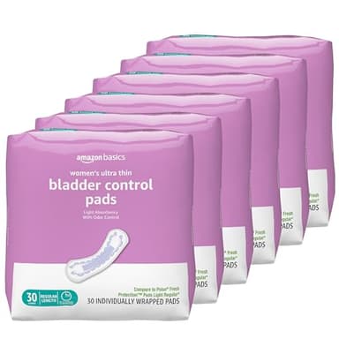 Amazon Basics Women's Incontinence Pads, Postpartum, Bladder Control, Light Absorbency, Unscented, 180 Count (6 Packs of 30)