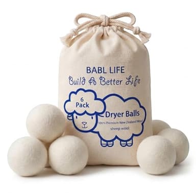 BABL LIFE Wool Dryer Balls 6 Pack, 2.6 Inch, 100% New Zealand Wool, Reusable Natural Fabric Softener for Everyday Laundry, Helps Reduce Drying Time, Wrinkles and Static Cling