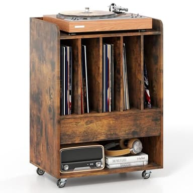 Giantex Record Player Stand, Rolling Turntable Stand with Drawer & Lockable Wheels, Record Player Table Holds Up to 150 Albums, Vinyl Record Storage for Living Room Bedroom, Rustic Brown