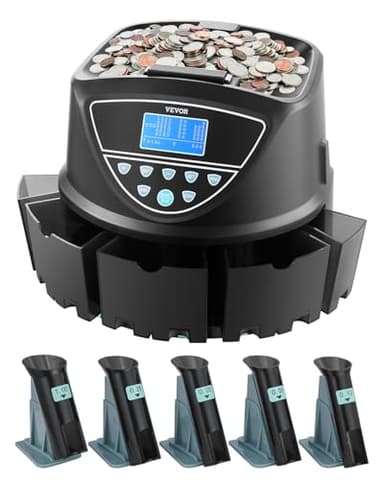 VEVOR Upgraded Coin Counter & Sorter, Coin Sorter and Wrapper Machine with Intuitive Display, Change Counter for USD Coins 1￠ 5￠ 10￠ 25￠ $1, Sorts up to 300 Coins/Min, with 5 Coin Tubes and 5 Trays